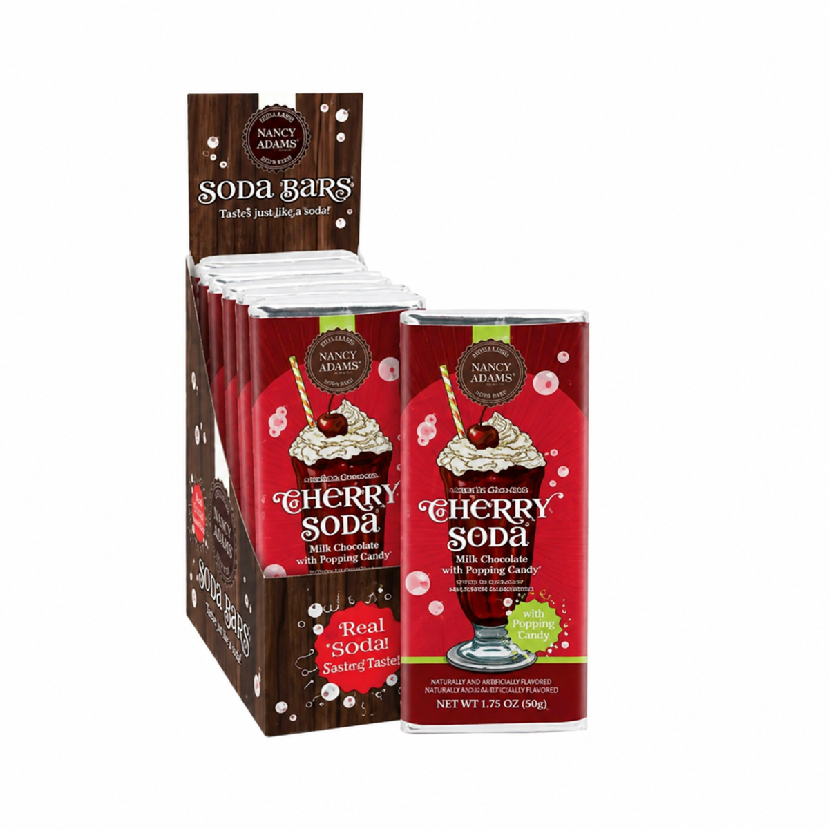 NANCY ADAMS SODA BAR MILK CHOCOLATE CHERRY WITH POPPING CANDY 1.75 OZ