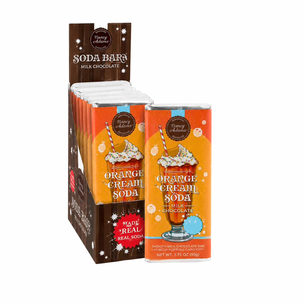NANCY ADAMS SODA BAR MILK CHOCOLATE ORANGE CREAM WITH POPPING CANDY 1.75 OZ