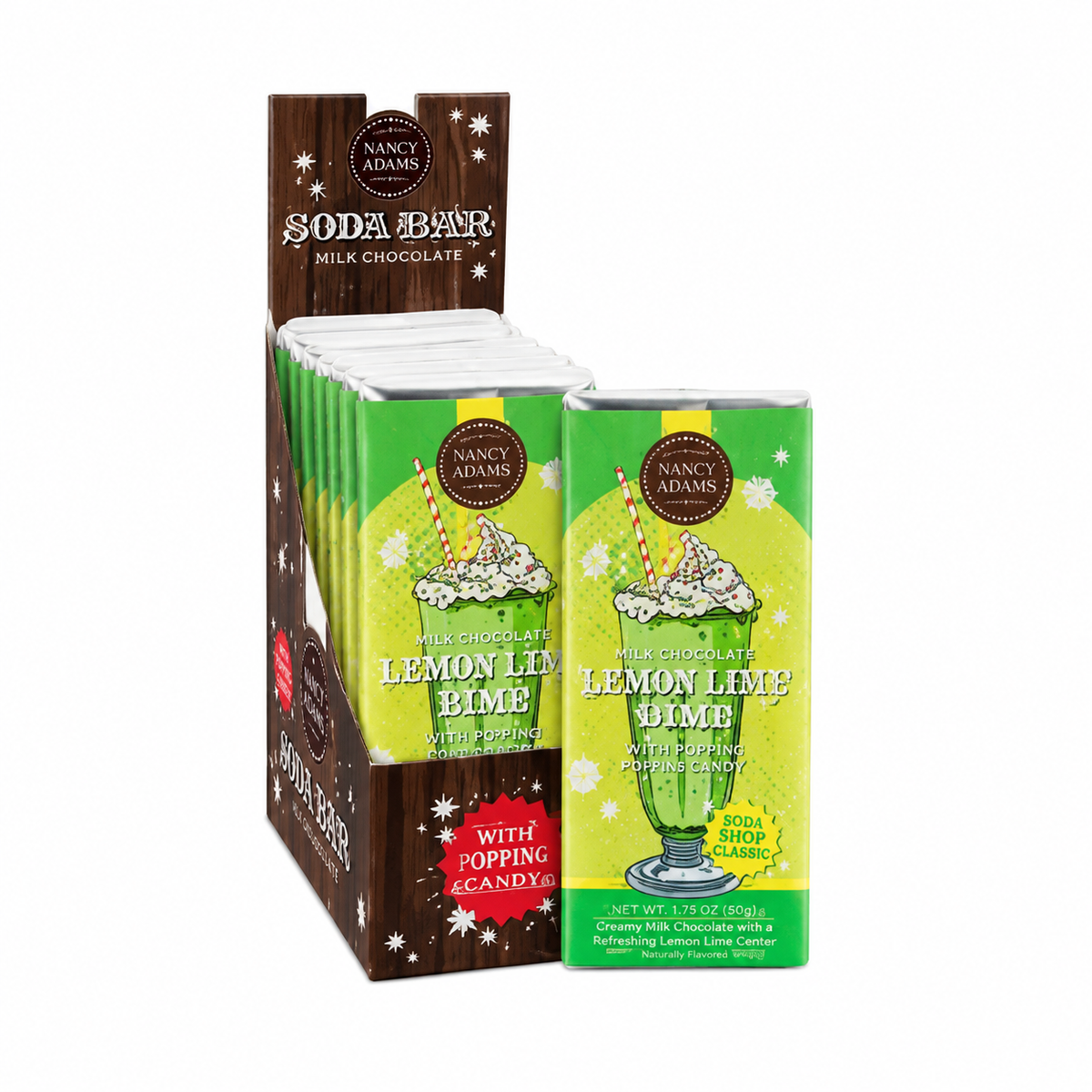NANCY ADAMS SODA BAR MILK CHOCOLATE LEMON LIME WITH POPPING CANDY 1.75 OZ