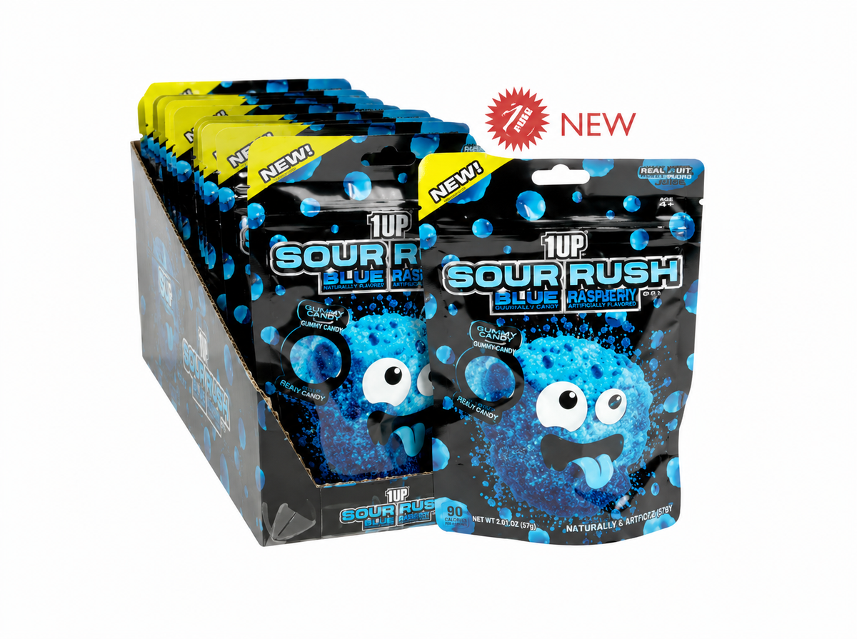 1UP SOUR RUSH BLUE RAZZ JUICY GUMMY 4 OZ PEG BAG