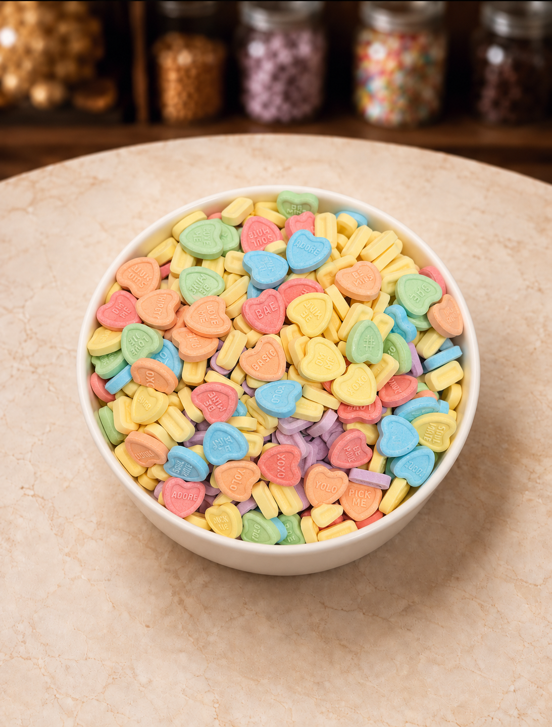 Colorful Mix of Fruity PEZ and Conversation Hearts.