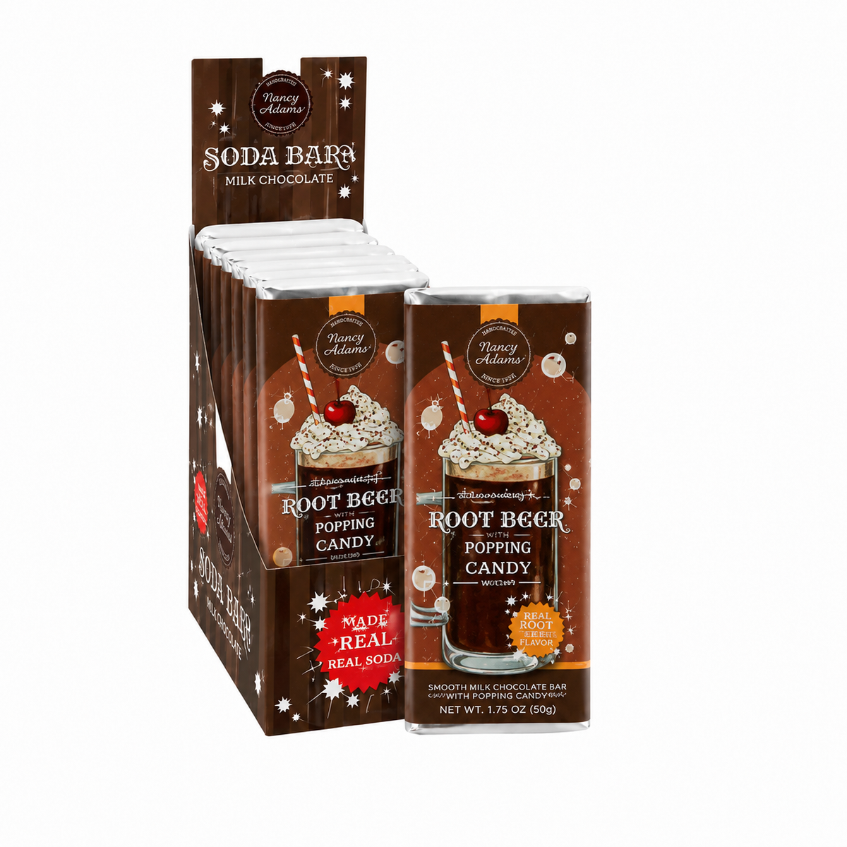 NANCY ADAMS SODA BAR MILK CHOCOLATE ROOT BEER WITH POPPING CANDY 1.75 OZ