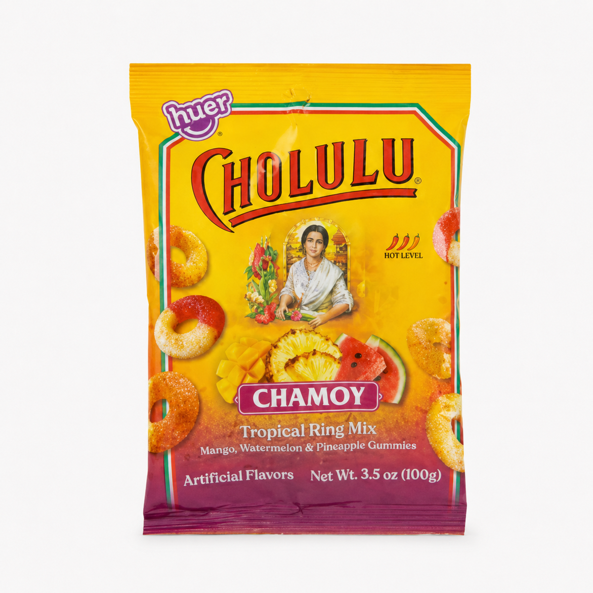 CHOLULA CHAMOY TROPICAL RING MIX 3.5 OZ PEG BAG