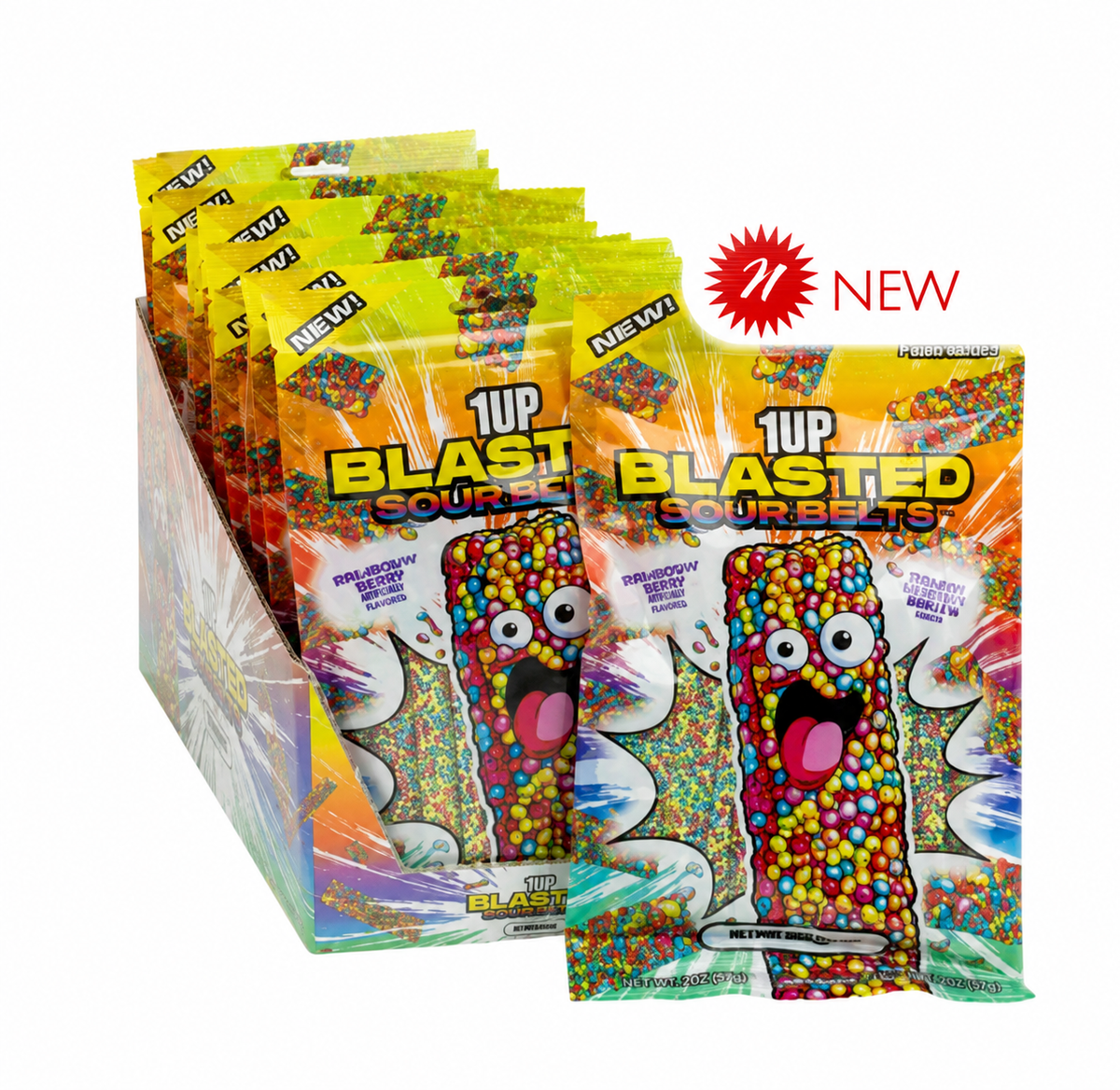 1UP BLASTED SOUR BELTS RAINBOW 3.5 OZ PEG BAG