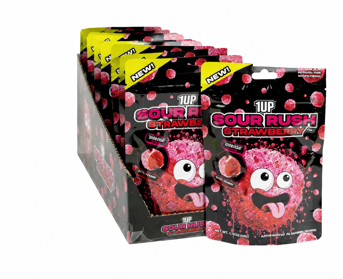 1UP SOUR RUSH STRAWBERRY JUICY GUMMY 4 OZ PEG BAG
